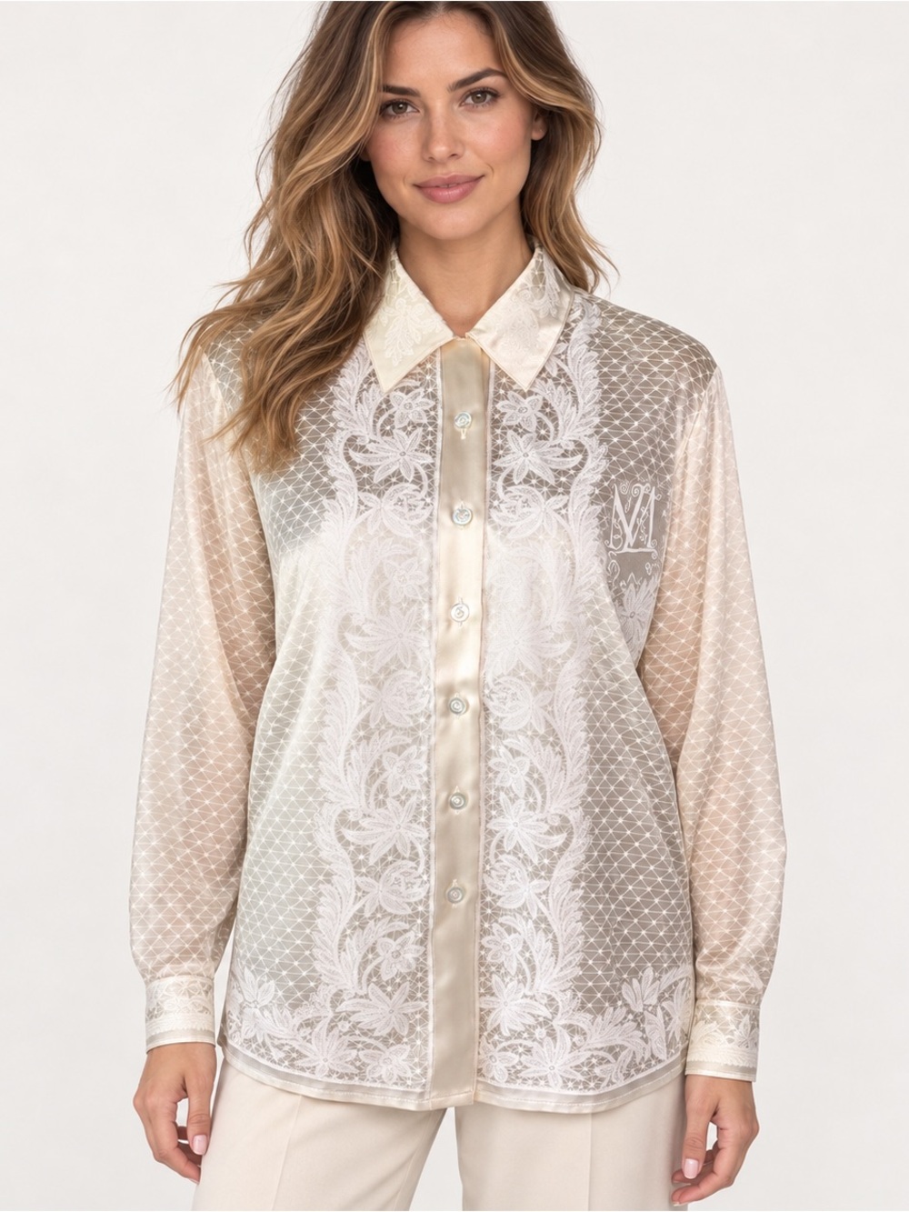 Vintage Escada Margaretha Ley 100% Silk Baroque Logo Blouse Size 42
